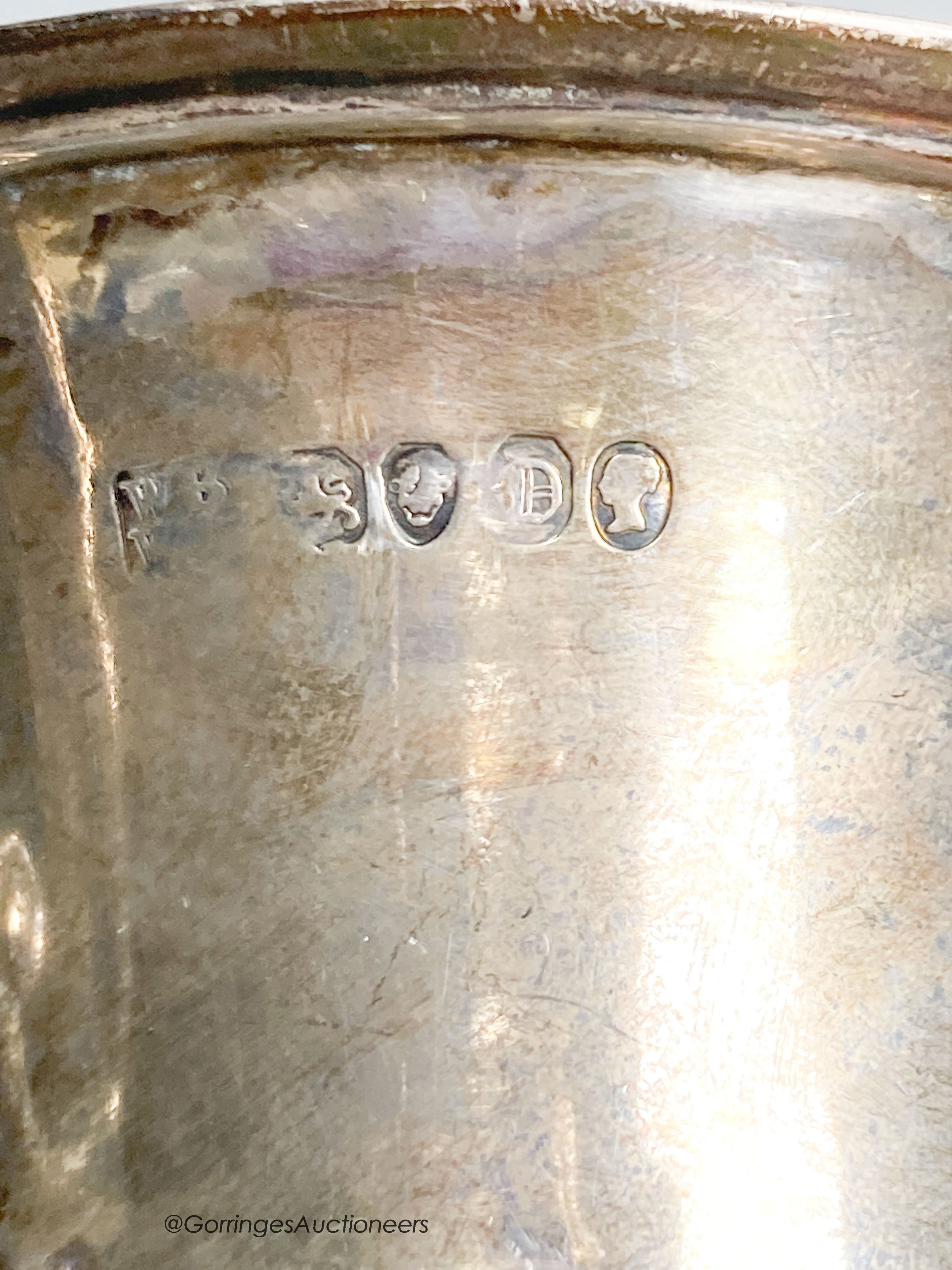 An early Victorian silver vase shaped christening mug, embossed with leaves, Brown & Somersall, London, 1839, 10.8cm, 5oz.